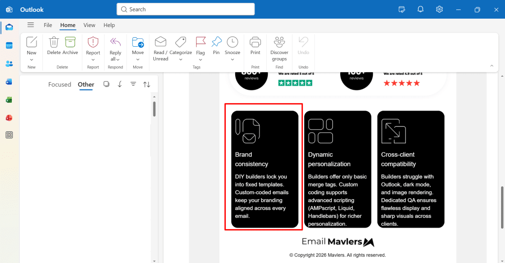 HTML email table with rounded corners rendered in New Outlook