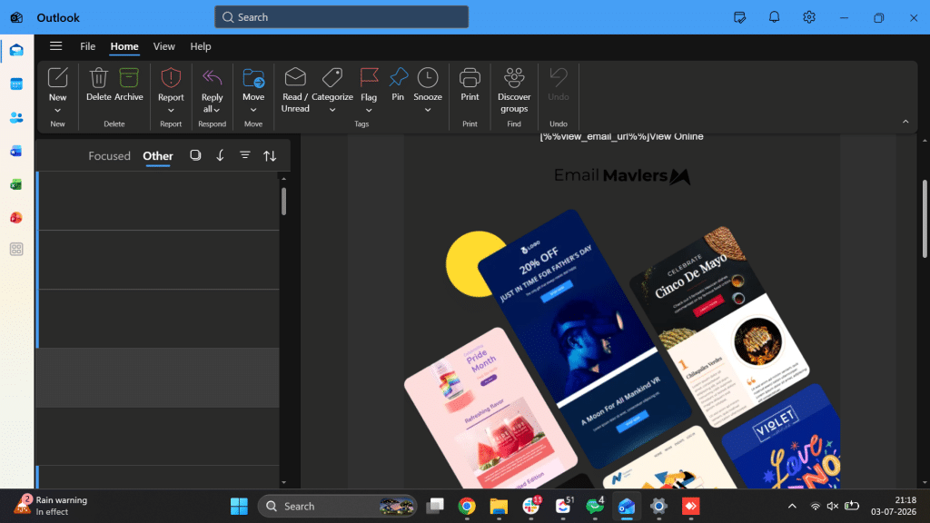 HTML email dark mode test displayed in Classic Outlook