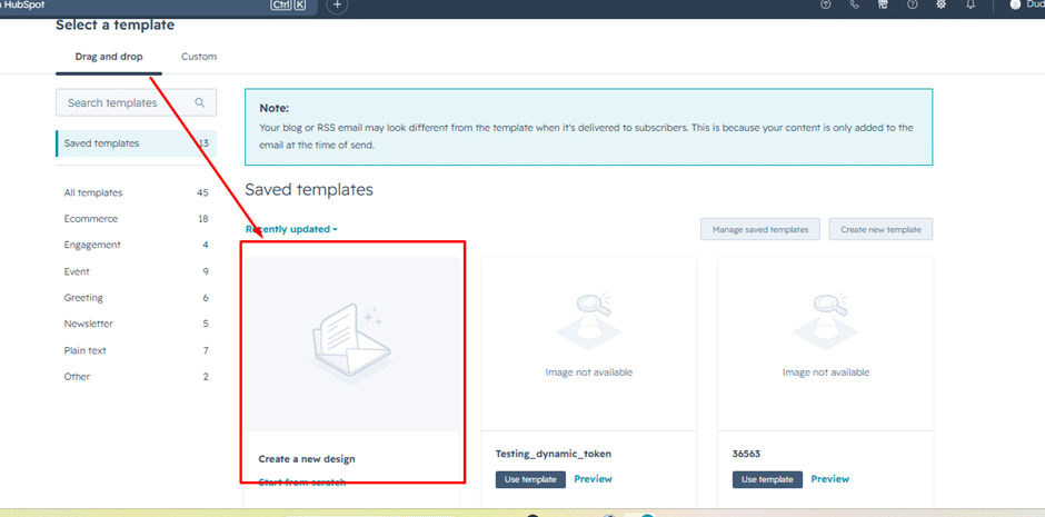 Hubspot create new design in template