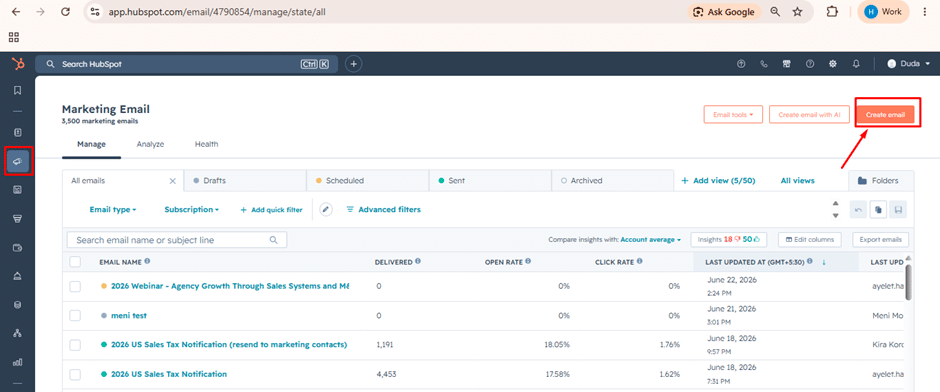 HubSpot create email